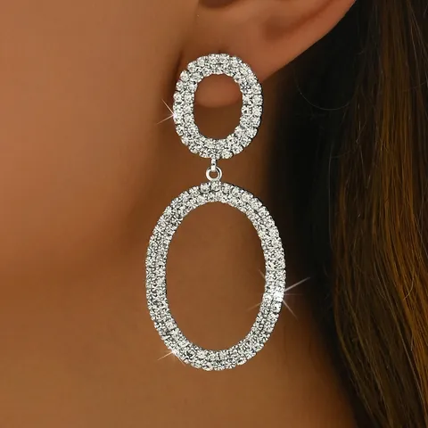 Pendientes de Gota Ovalados de Cobre con Diamantes de Imitación Exagerados para Mujer Pendientes de Cristal Brillante Plateado Geométrico para Boda Joyería