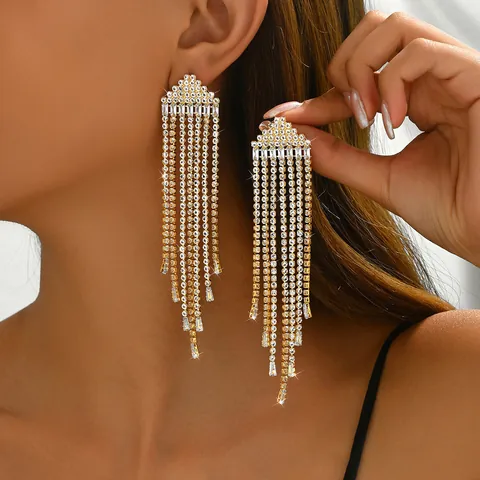 Pendientes Largos Exagerados con Flecos para Mujer Cobre con Zirconia Incrustada Oro Negro Strass Joyería para Fiesta