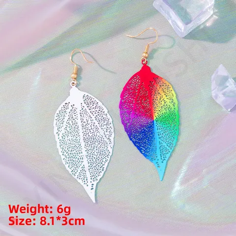 Pendientes Colgantes de Hoja de Arcoíris Calados Étnicos Vintage para Mujer Joyería de Declaración de Hoja de Metal Colorida