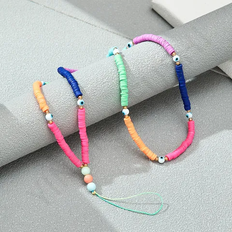 Boheemse Kleurrijke Polymeerklei Kralen Mobiele Telefoon Koord Met Boze Oog Voor Vrouwen Mode Telefoonketting Riem Cadeau