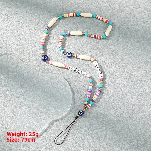 Cordón para Teléfono de Cuentas Coloridas Hecho a Mano Bohemio Con Colgante de Mal de Ojo Letras Love Mama Cadena para Móvil Mujer
