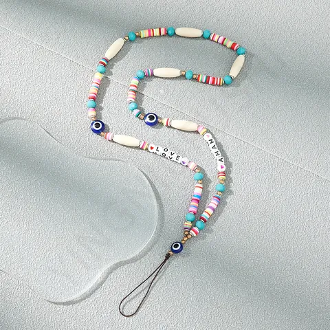 Boheemse Handgemaakte Kleurrijke Kralen Telefoonkoord Met Boze Oog Bedel Love Mama Letter Kralen Acryl Polymeerklei Telefoonketting