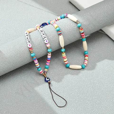 Boheemse Handgemaakte Kleurrijke Kralen Telefoonkoord Met Boze Oog Bedel Love Mama Letter Kralen Acryl Polymeerklei Telefoonketting