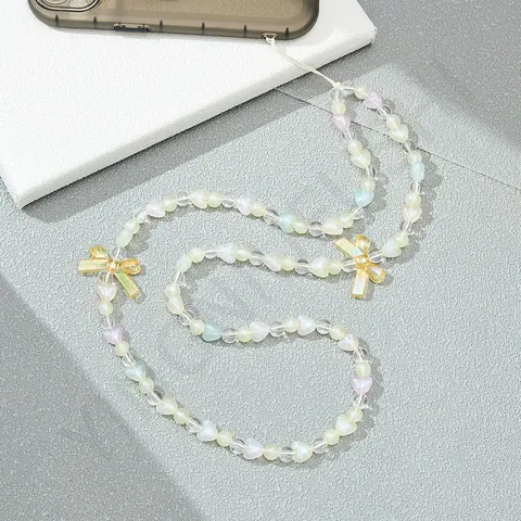 Zoete Acryl Hart Kralen Telefoonketting Iriseerend Lang Telefoonkoord Voor Vrouwen Meisjes Mode Tech Accessoire Decoratief Anti-verlies Ornament