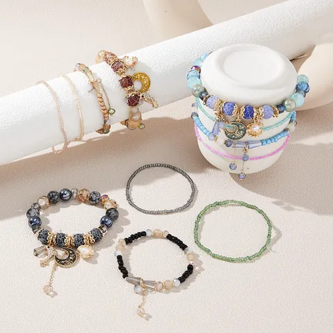 Pulseras Multicapa Bohemias Étnicas De Cuentas Con Dijes De Luna Estrella Concha Para Mujer Joyería De Vidrio Acrílico Estilo Vintage