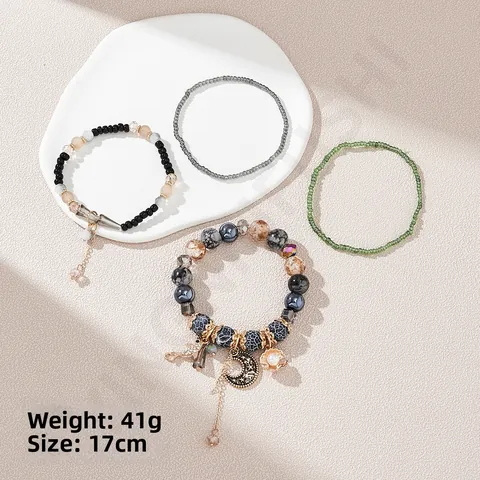 Pulseras Multicapa Bohemias Étnicas De Cuentas Con Dijes De Luna Estrella Concha Para Mujer Joyería De Vidrio Acrílico Estilo Vintage