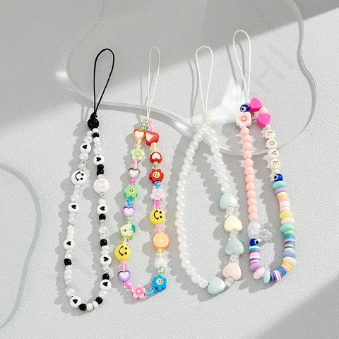 Acryl Gepareld Telefoonkoord Handgemaakt Kleurrijk Lachend Gezicht Hart Fruit Bloem Telefoon Charm Strap Voor Vrouwen Meisjes Accessoire