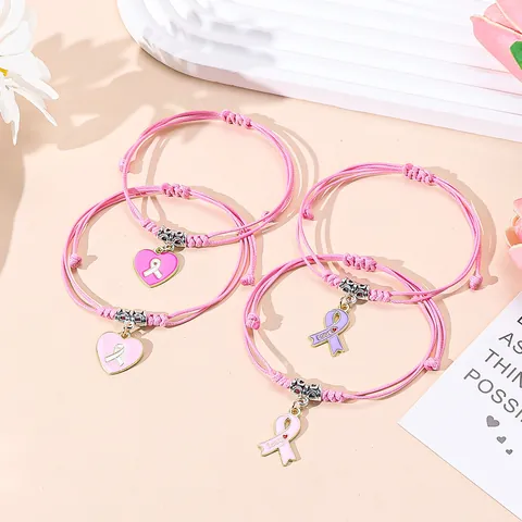 Roze Lint Borstkanker Bewustzijn Gevlochten Touw Armband Legering Emaille Hart Liefde Verstelbare Armband Vrouwen Sieraden