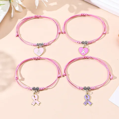 Roze Lint Borstkanker Bewustzijn Gevlochten Touw Armband Legering Emaille Hart Liefde Verstelbare Armband Vrouwen Sieraden