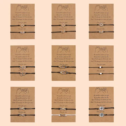 Oneindigheid Zon Maan Gevlochten Touwarmband Voor Koppels Vriendschap Verstelbaar Legering Hart Kompas Wens Sieraden Cadeau