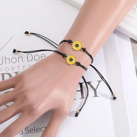 Legering Zonnebloem Sieraden Emaille Madeliefje Hanger Ketting Oorknopjes Verstelbare Gevlochten Was Touw Armband Vrouwen Cadeau
