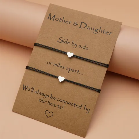 Bracelets Assortis Cœur Mère Fille Breloques Cœur en Alliage Corde Cirée Tressée Ajustable Cadeau Pour Femmes Bijoux