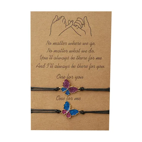 Butterfly Braided Cord Bracelets Alloy Enamel Pendant Adjustable Wax Line Friendship Jewelry Pinky Promise Card Gift Women Teen