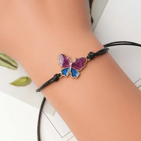 Butterfly Braided Cord Bracelets Alloy Enamel Pendant Adjustable Wax Line Friendship Jewelry Pinky Promise Card Gift Women Teen