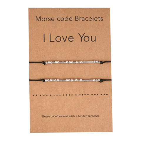 Morse Code Bracelet Set For Couples Stainless Steel Beads Adjustable Woven Cord I Love You Message Card Jewelry Gift For Women