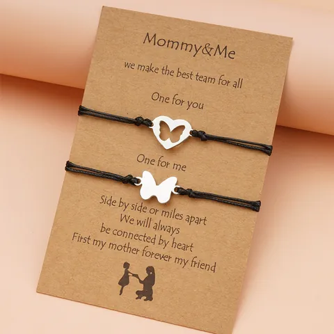 Roestvrij Stalen Vlinder Hart Mommy And Me Bijpassende Armbanden Zwart Gevlochten Koord Verstelbare Sieraden Moederdag Cadeau