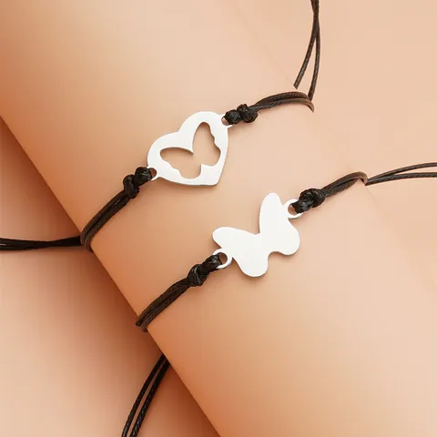 Roestvrij Stalen Vlinder Hart Mommy And Me Bijpassende Armbanden Zwart Gevlochten Koord Verstelbare Sieraden Moederdag Cadeau