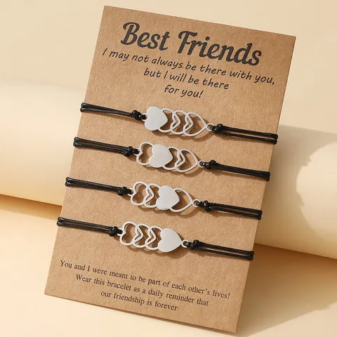 Roestvrij Stalen Hart Gevlochten Armband Set Voor Vrouwen Zussen Beste Vrienden Moeder Dochter Verstelbare Was Touw Sieraden Cadeaukaart