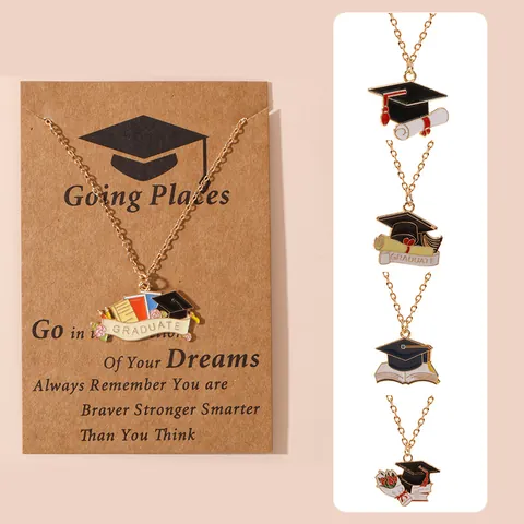 Collana con Pendente Tocco Dottorale Placcata Oro Lega di Zinco Smalto Libro Pergamena Gioielli Motivazionali Regalo per Laureati