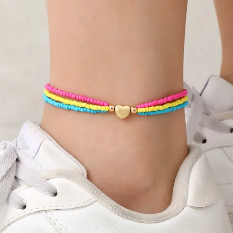 Boheems Kleurrijke Meerdere Lagen Zaadkralen Armband Harthanger Verstelbaar Enkelbandje Voor Vrouwen Meisjes Handgemaakte Zomer Sieraden Hart Charme Set