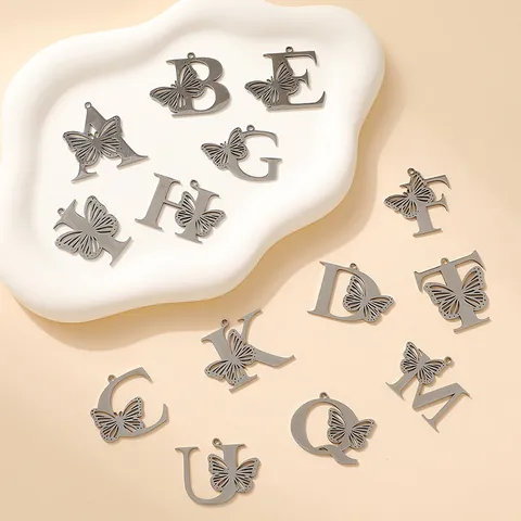 Roestvrij Staal Letter Vlinder Holle Hanger Ketting Armband Maken DIY Sieraden Onderdelen Alfabet Charm Minimalistisch Accessoire