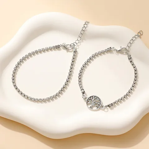 Mode Legering Strass Levensboom Kruis Hanger Armband Enkelband Set Goud Zilver Stapelbare Sieraden Voor Vrouwen Cadeau