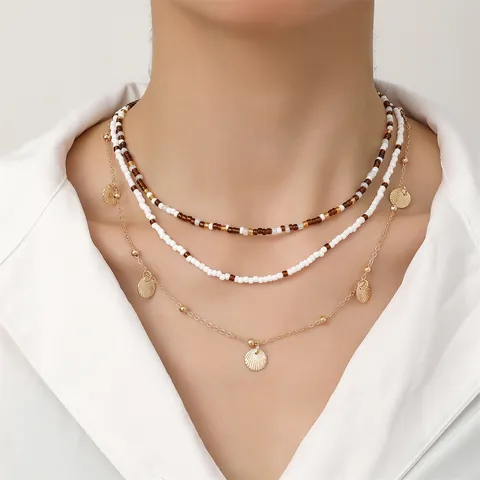 Bohemian Layered Beaded Necklace Bracelet Anklet Set Gold Alloy Shell Pendant Beach Jewelry For Women Multi Strand