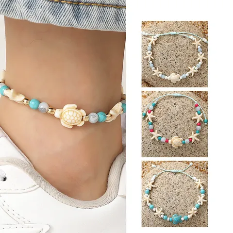 Bohemian Ozean Stil Meeresschildkröte Seestern Türkis Perlen Fußkettchen Handgefertigt Gewebt Verstellbar Strand Urlaub Schmuck Damen