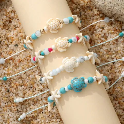 Bohemian Ozean Stil Meeresschildkröte Seestern Türkis Perlen Fußkettchen Handgefertigt Gewebt Verstellbar Strand Urlaub Schmuck Damen