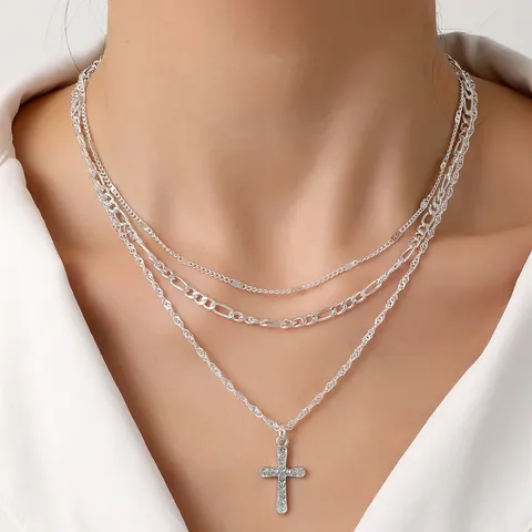 Legering Strass Kruis Hanger Gelaagde Ketting Armband Enkelbandje Creolen Voor Dames Heren Religieuze Mode Sieraden Cadeau