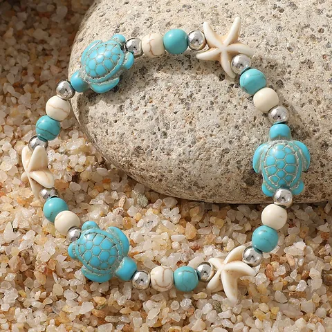 Boheemse Oceaan Stijl Zeeschildpad Zeester Kralen Armband Voor Dames Heren Turkoois Geweven Verstelbaar Zomer Strand Sieraden