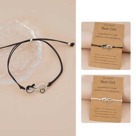 Cat Infinity Heart Woven Rope Bracelet With Wish Card Adjustable Alloy Animal Charm Jewelry For Women Men Couple Gift