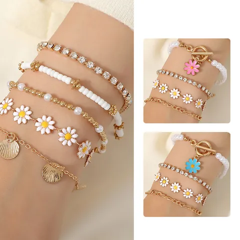Boheemse Zonnebloem Imitatieparel Gelaagde Armband Ketting Set Vergulde Legering Emaille Madeliefje Schelp Reis Sieraden Voor Vrouwen