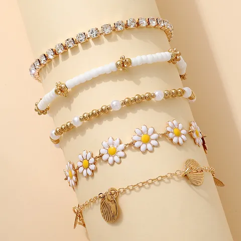 Boheemse Zonnebloem Imitatieparel Gelaagde Armband Ketting Set Vergulde Legering Emaille Madeliefje Schelp Reis Sieraden Voor Vrouwen