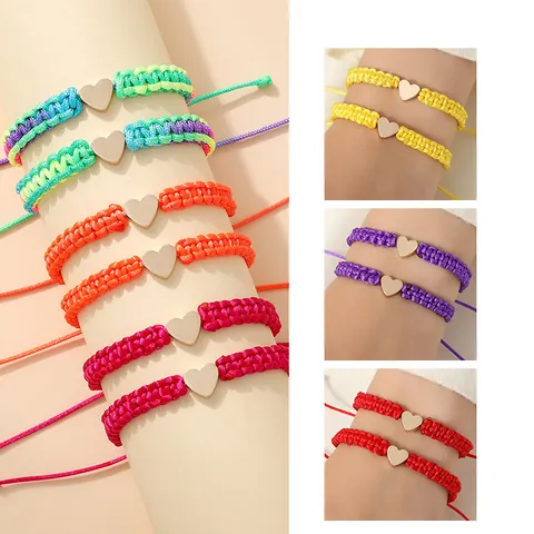 Handgemaakte Gevlochten Touw Hart Armband Verstelbare Vergulde Koperen Hart Bedel Vriendschap Koppel Sieraden