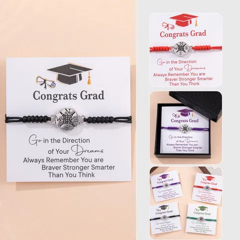 Handgemaakte Kompasroos Charm Gevlochten Armband Voor Afstudeercadeau Legering Verstelbare Wassnoer Sieraden Voor Studenten