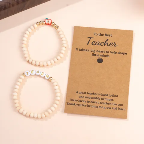 2Stuks Leraar Waardering Armband Set Natuurlijk Hout Kralen Rode Polymeerklei Appel Hanger TEACH Letter Kralen Cadeau Voor Lerares