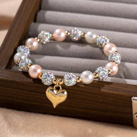 Sweet Heart Cross Ballet Dancer Beaded Bracelet Alloy Faux Pearl Rhinestone Balls Jewelry For Mother Day Women Gift