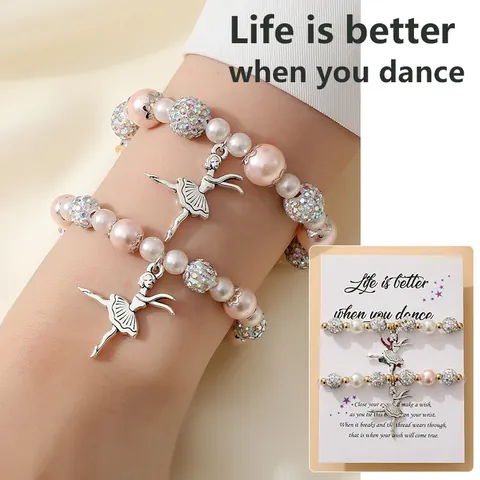 Mode Legering Imitatie Parel Kralen Armband Met Balletmeisje Hanger Strass Bal Verstelbare Handketting Voor Vrouwen Sieraden