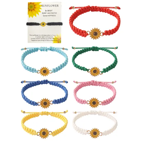 Handgemaakte Zonnebloem Gevlochten Armband Verstelbaar Touw Ketting Emaille Bloemen Charm Armband Cadeau Voor Vrouwen Mannen Sieraden