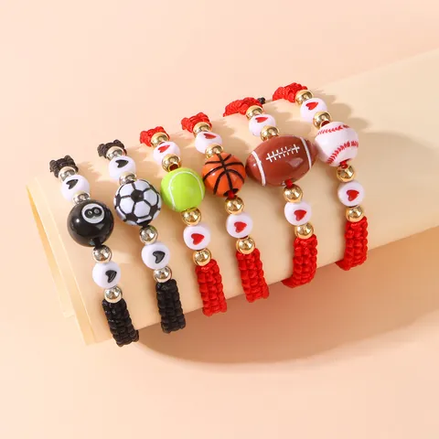 Handgemaakte Gevlochten Touwarmband Met Sportbal Acryl Kralen Hart Bedel Verstelbare Sportieve Sieraden Cadeau Voor Dames Heren
