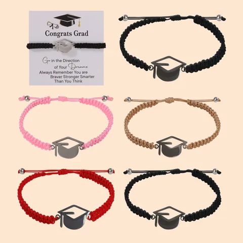 Stainless Steel Graduation Cap Pendant Bracelet Minimalist Woven Rope Adjustable Bracelet Graduation Souvenir Jewelry Gift