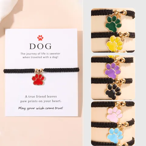 Handgemaakte Gevlochten Hondenpoot Bedelarmband Voor Vrouwen Meisjes Schattige Emaille Dierenpootafdruk Verstelbare Koordarmband Sieraden Cadeau