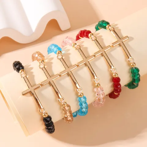 Roestvrij Stalen Kruis Hanger Kralen Elastische Armband Retro Boho Kristal Gefacetteerde Glazen Kralen Religieuze Sieraden Voor Dames Heren