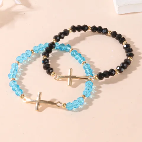 Roestvrij Stalen Kruis Hanger Kralen Elastische Armband Retro Boho Kristal Gefacetteerde Glazen Kralen Religieuze Sieraden Voor Dames Heren