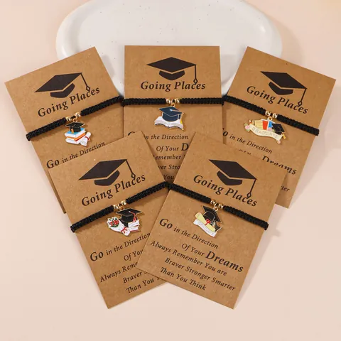 Graduation Cap Enamel Pendant Braided Bracelet For Men Women Handmade Adjustable Graduation Gift With Inspirational Card Jewelry