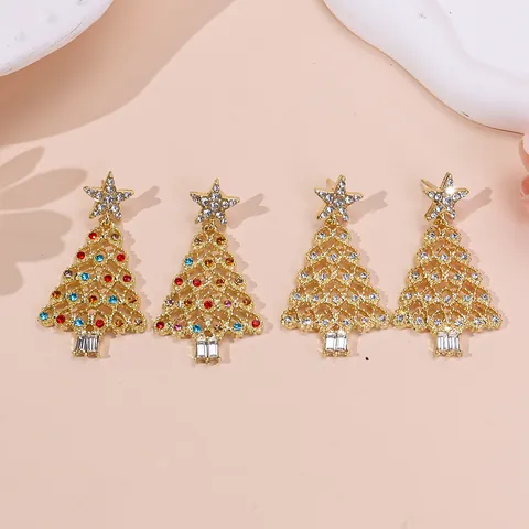 Orecchini Pendenti a Stella di Albero di Natale Per Donna Lega Placcata Oro Con Strass Gioielli per Feste Festive