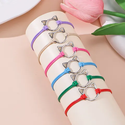 Handgevlochten Touwarmband Met Legering Holle Kattenkop Bedel Verstelbare Wensarmband Voor Dames Heren Eenvoudige Sieraden Cadeau