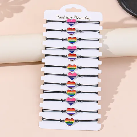 Rainbow Heart Enamel Woven Bracelet Collection LGBTQ Pride Handmade Adjustable Wax Cord Jewelry For Men And Women