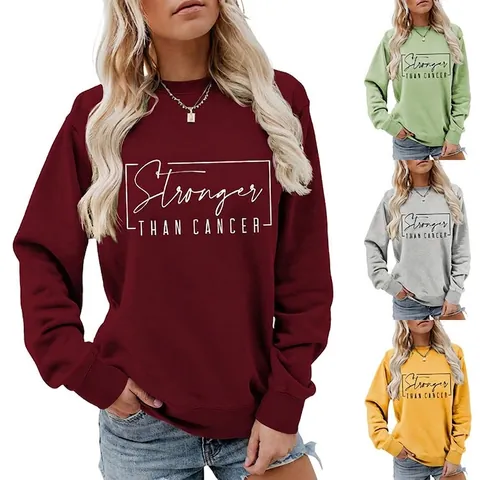 Damen Langarm Sweatshirt Pullover Rundhals Stronger Than Cancer Buchstaben Druck Baumwollmischung Locker Fit Oberteil